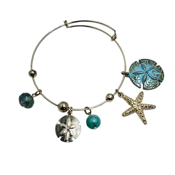 Beach Theme Gold Tone Bangle Bracelet W/Sand Dollar, Starfish & Bead Charms 5512 - Picture 1 of 4